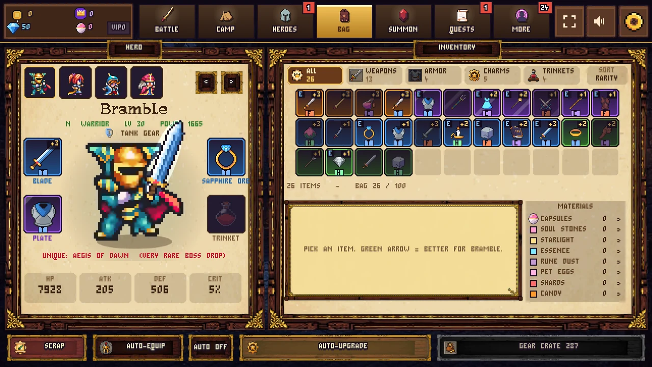 The Bag: a hero with weapon, armor and charm, and the inventory beside